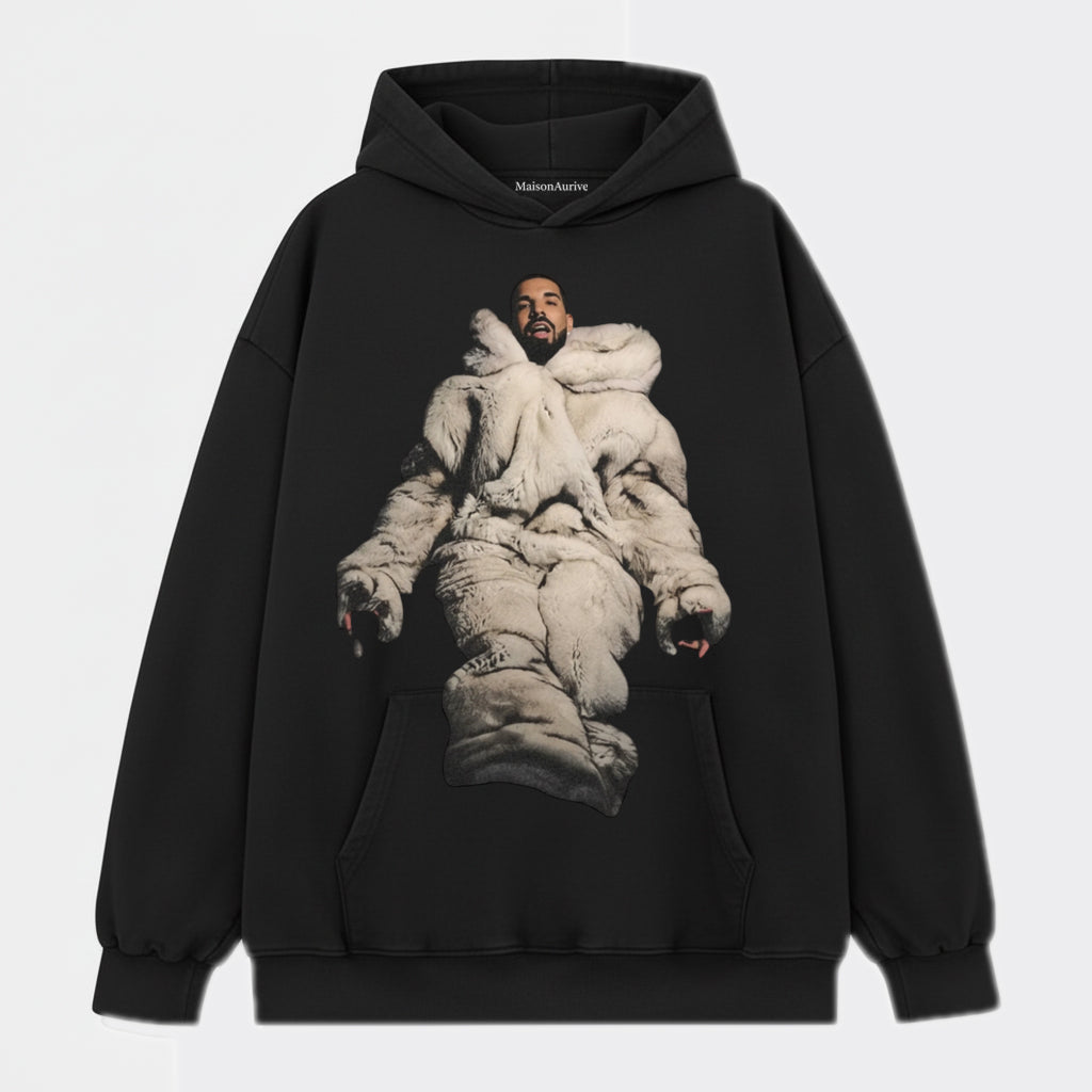 MaisonAurive ウォッシュド ヒップホップ T シャツ – ブラック |ホワイト |ウォーターウォッシュ グレー - ファー コートのポートレート グラフィック