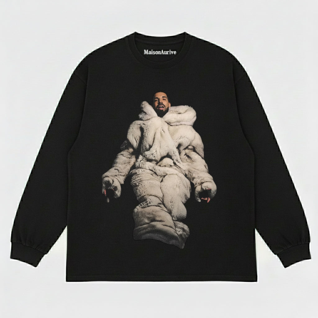 MaisonAurive ウォッシュド ヒップホップ T シャツ – ブラック |ホワイト |ウォーターウォッシュ グレー - ファー コートのポートレート グラフィック