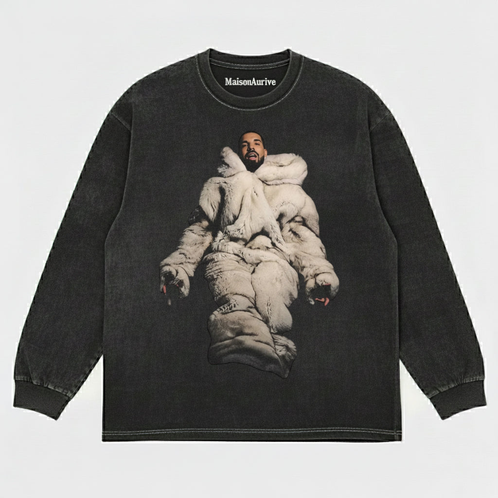 MaisonAurive ウォッシュド ヒップホップ T シャツ – ブラック |ホワイト |ウォーターウォッシュ グレー - ファー コートのポートレート グラフィック