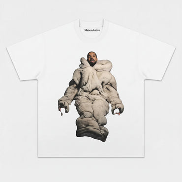 MaisonAurive ウォッシュド ヒップホップ T シャツ – ブラック |ホワイト |ウォーターウォッシュ グレー - ファー コートのポートレート グラフィック