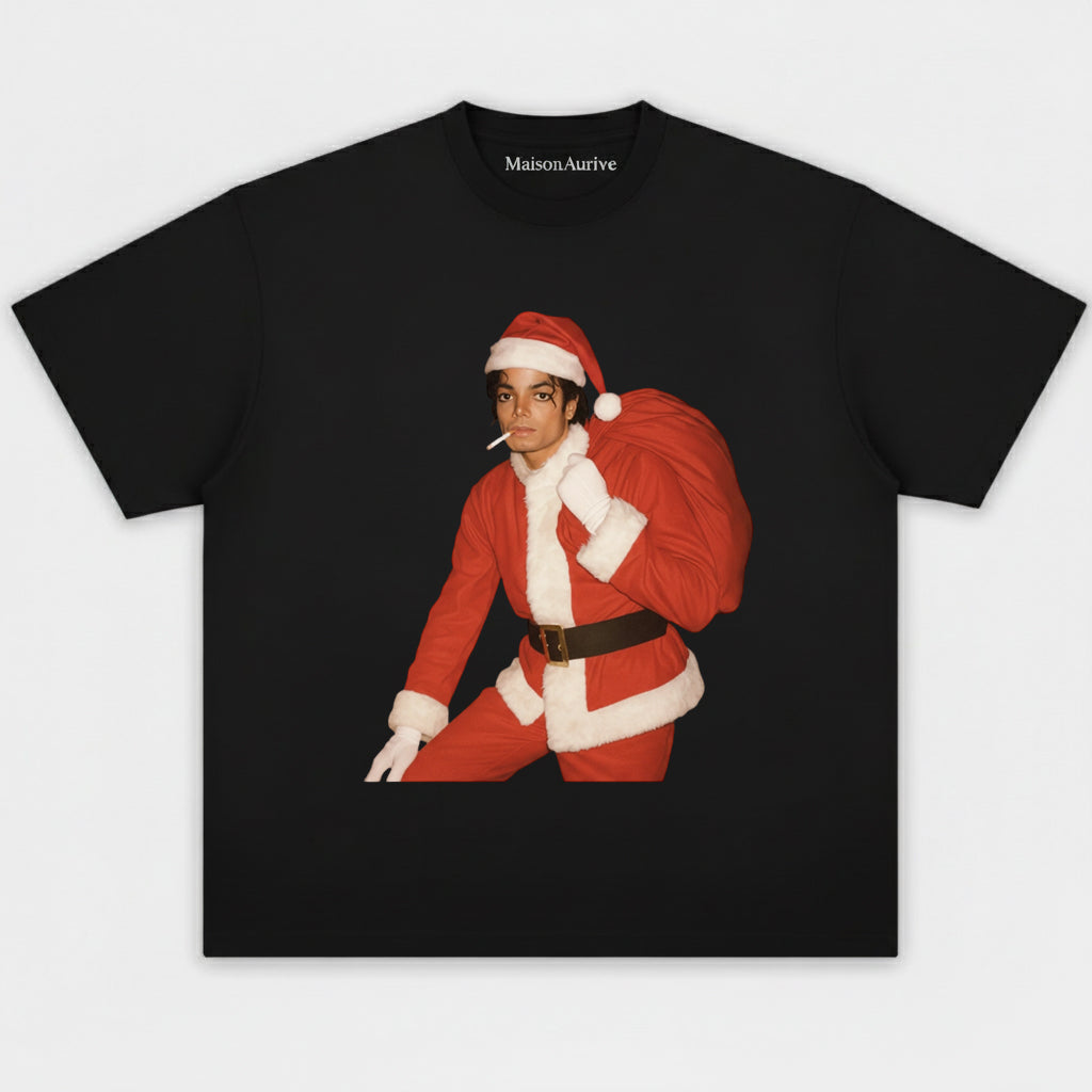 MaisonAurive ウォッシュド ヒップホップ T シャツ ブラック/ウォーターウォッシュド グレー – レトロ サンタ グラフィック ストリートウェア