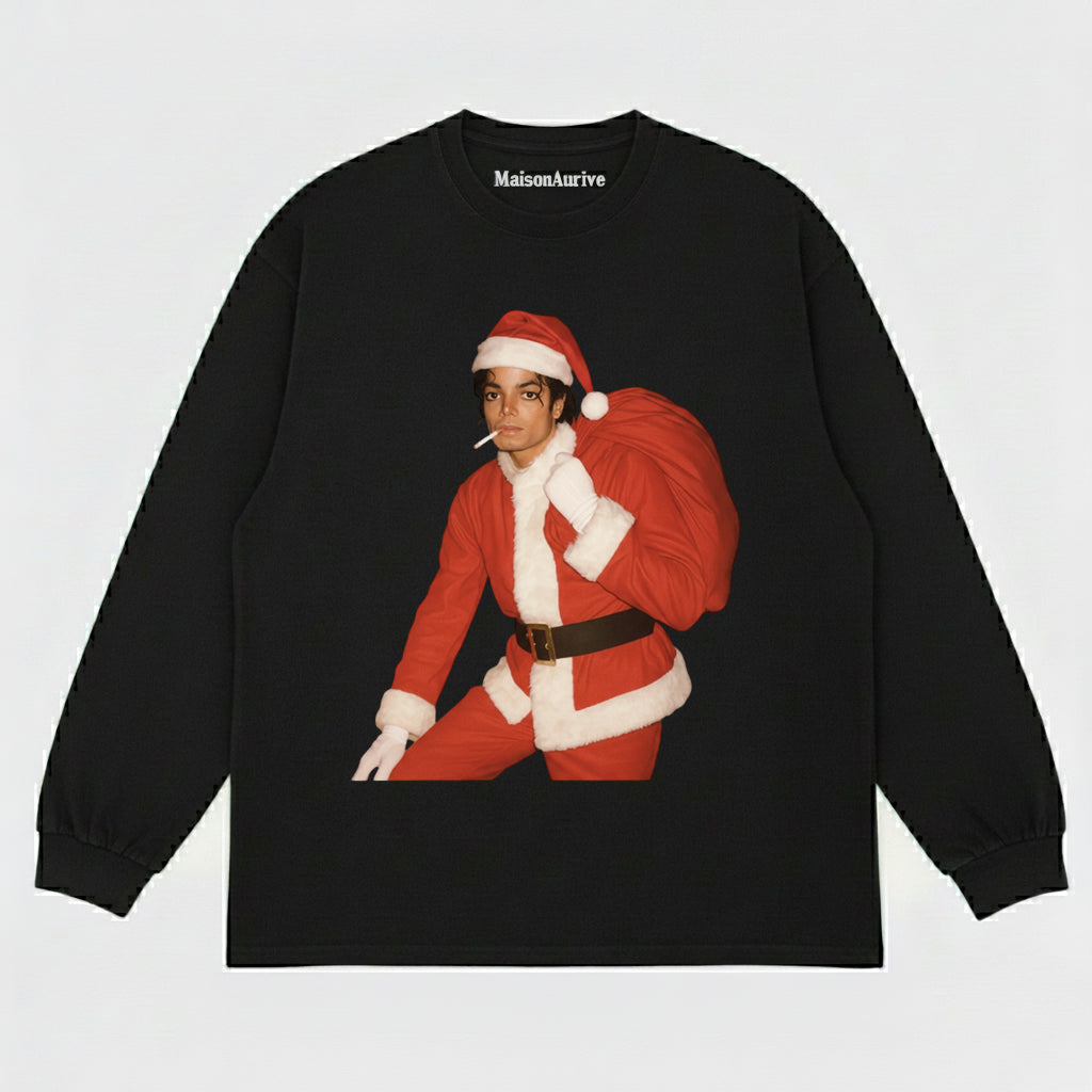 MaisonAurive ウォッシュド ヒップホップ T シャツ ブラック/ウォーターウォッシュド グレー – レトロ サンタ グラフィック ストリートウェア