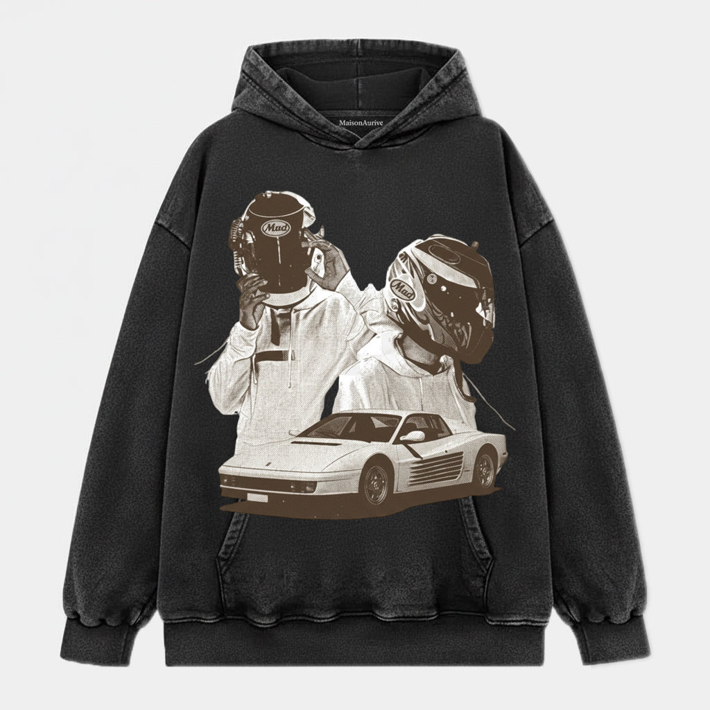 MaisonAurive ウォッシュド ヒップホップ T シャツ – レーシング グラフィック ストリートウェア