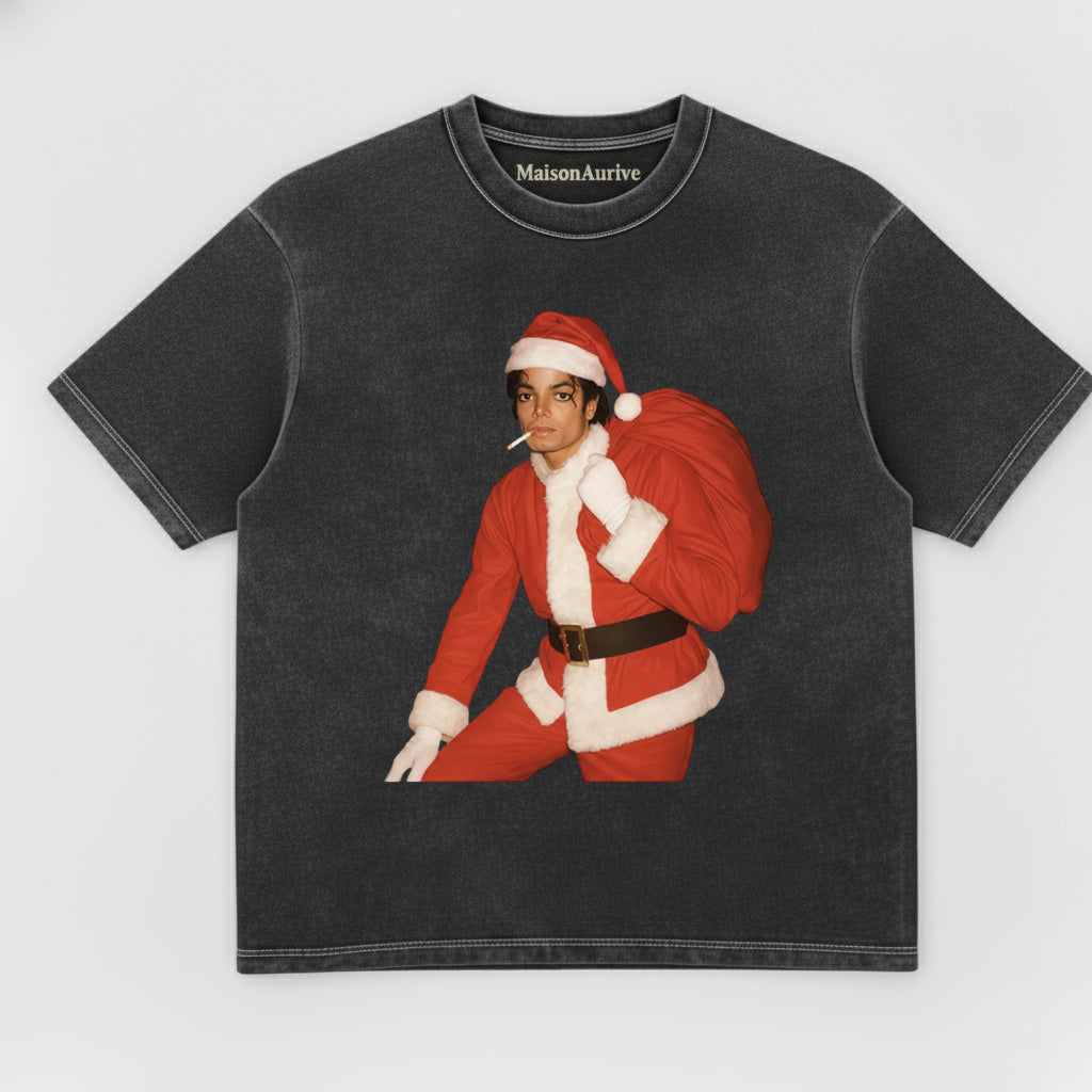 MaisonAurive ウォッシュド ヒップホップ T シャツ ブラック/ウォーターウォッシュド グレー – レトロ サンタ グラフィック ストリートウェア
