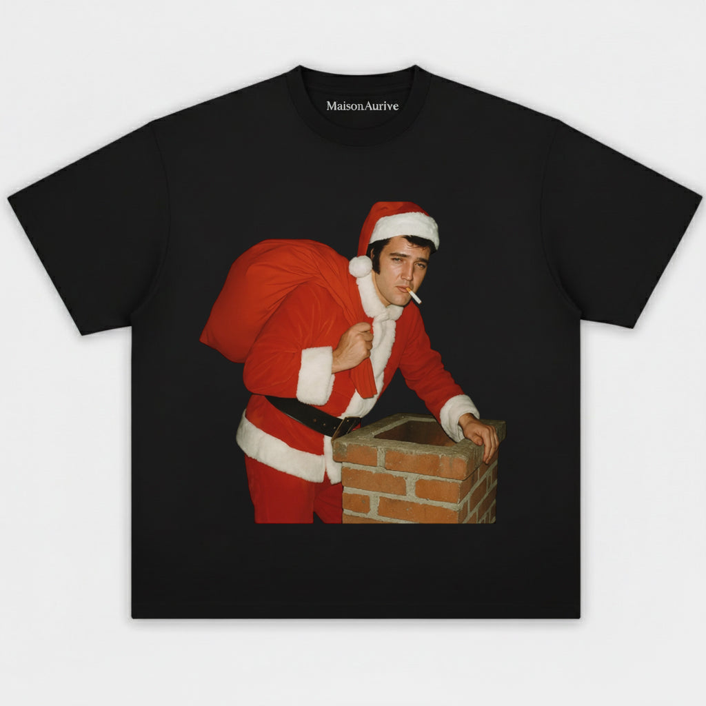 MaisonAurive טי היפ-הופ שטוף שחור/שטוף מים אפור - בגדי רחוב גראפיים עם ארובה רטרו סנטה