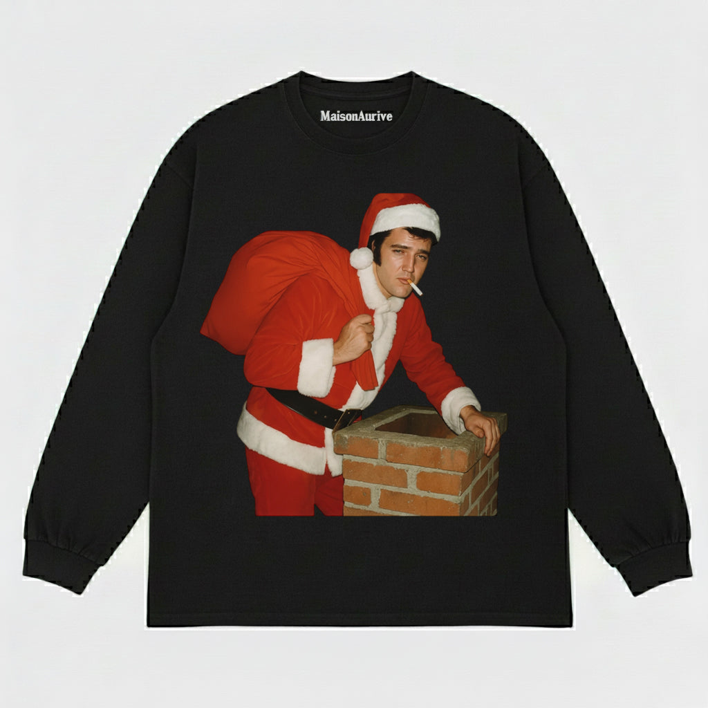 MaisonAurive טי היפ-הופ שטוף שחור/שטוף מים אפור - בגדי רחוב גראפיים עם ארובה רטרו סנטה