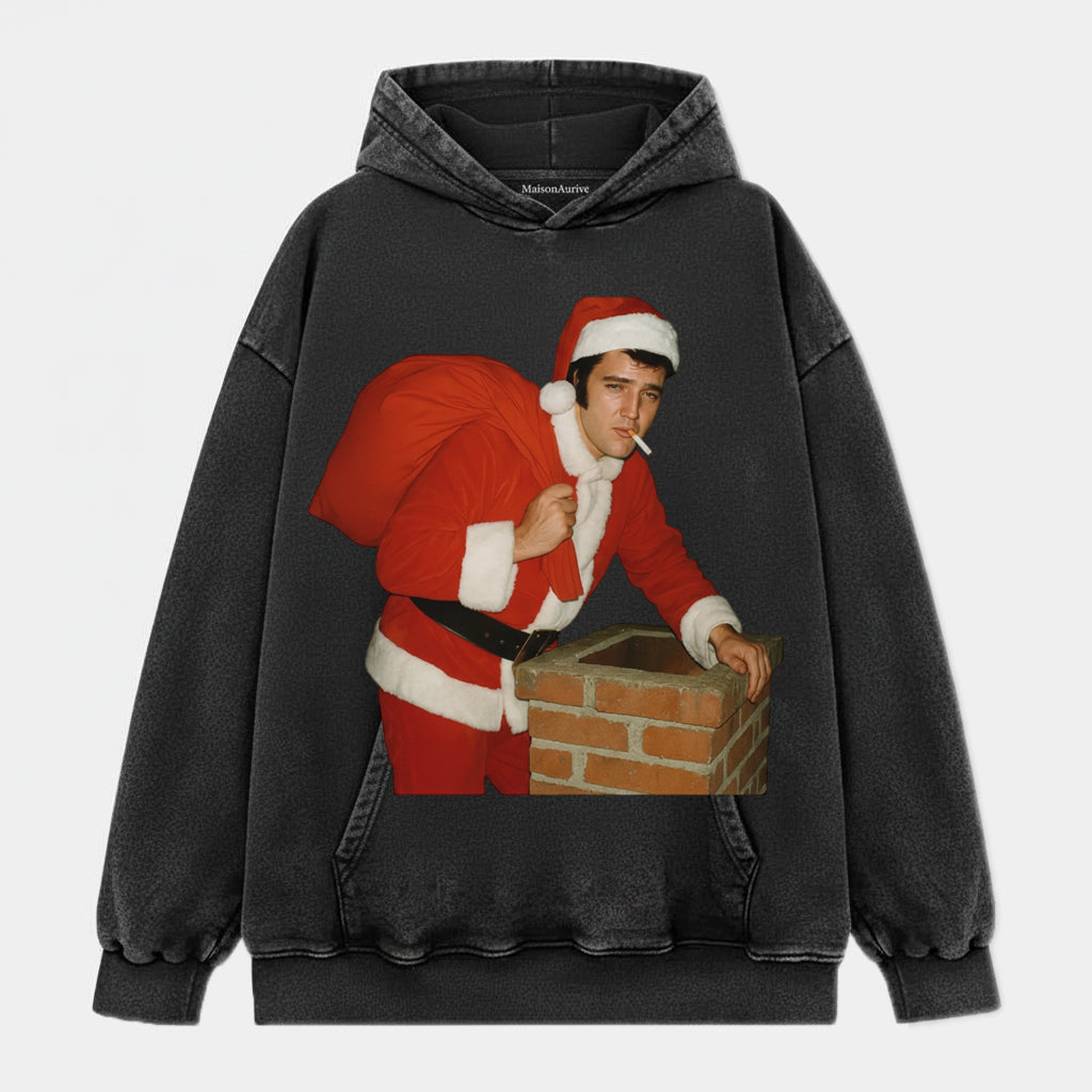 MaisonAurive טי היפ-הופ שטוף שחור/שטוף מים אפור - בגדי רחוב גראפיים עם ארובה רטרו סנטה