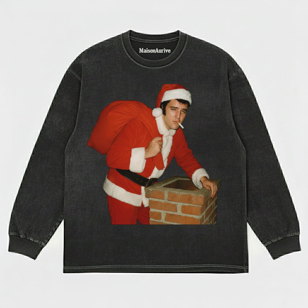 MaisonAurive טי היפ-הופ שטוף שחור/שטוף מים אפור - בגדי רחוב גראפיים עם ארובה רטרו סנטה