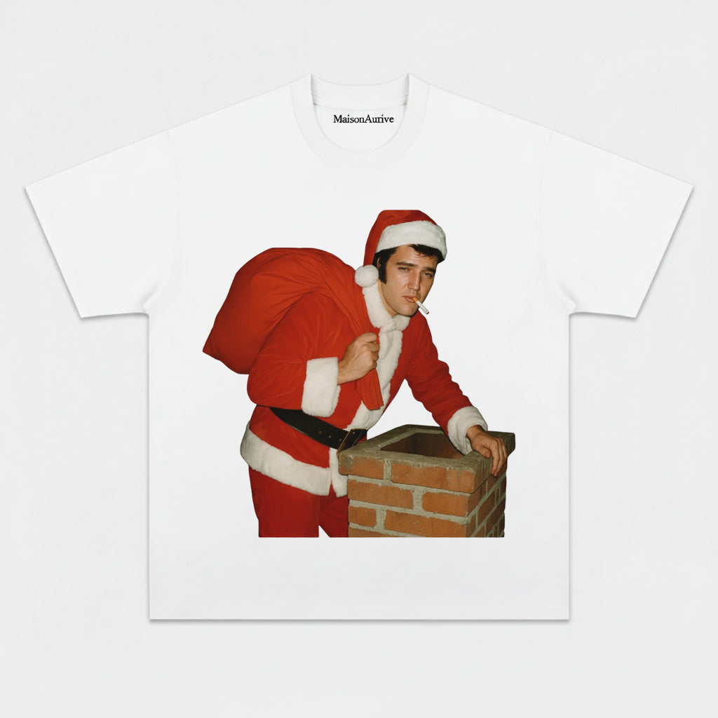 MaisonAurive טי היפ-הופ שטוף שחור/שטוף מים אפור - בגדי רחוב גראפיים עם ארובה רטרו סנטה