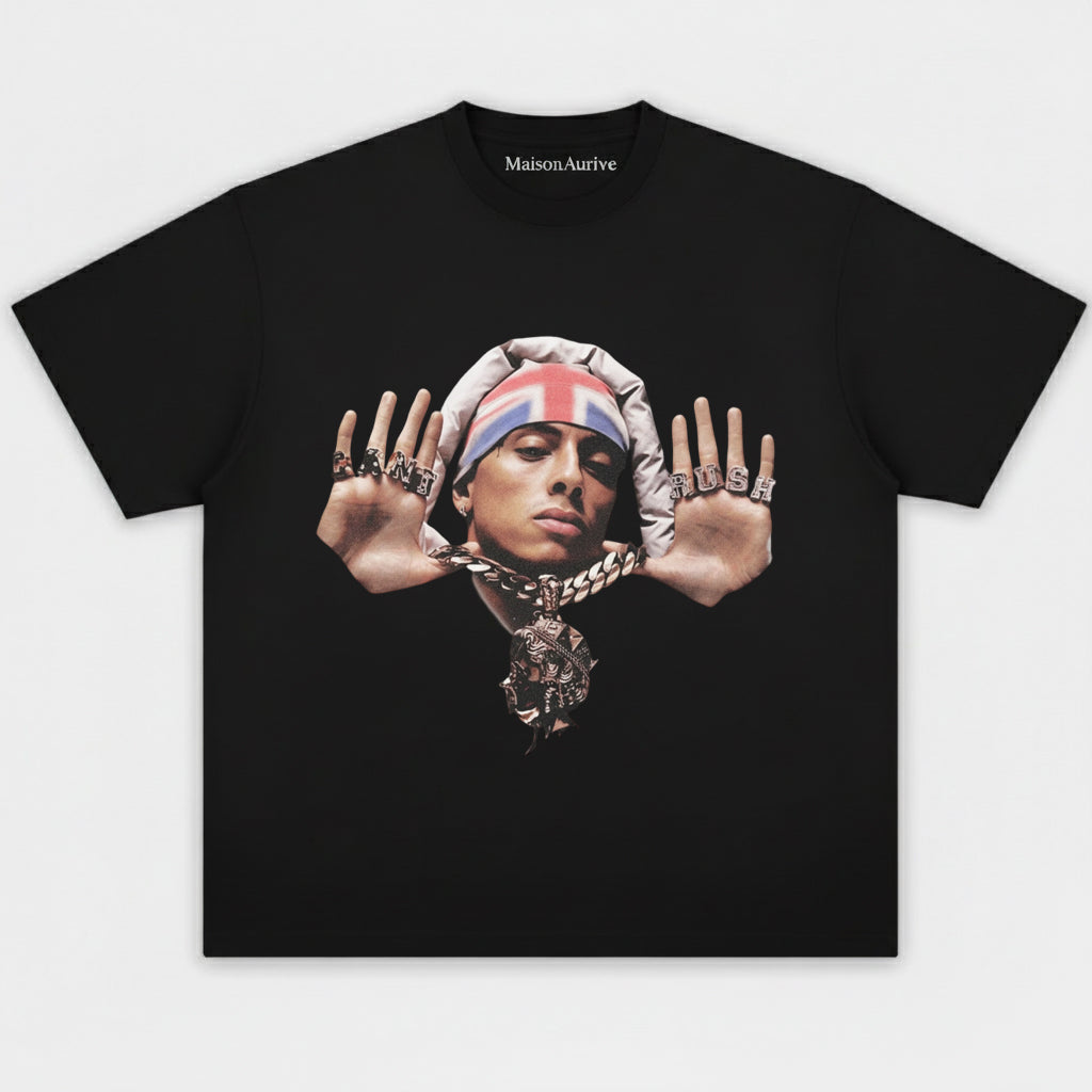MaisonAurive ウォッシュド ヒップホップ T シャツ – 「PUSH」ポートレート ウォーターウォッシュド グレー