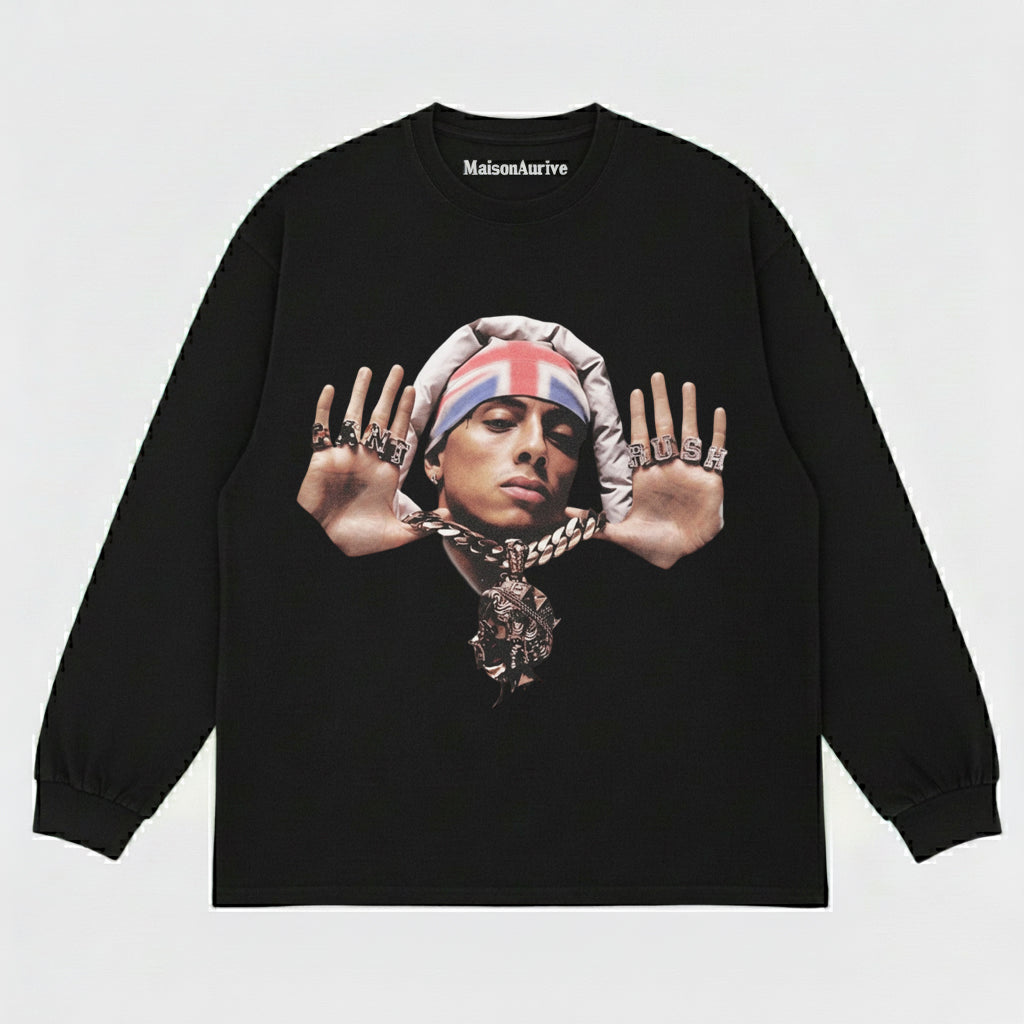 MaisonAurive ウォッシュド ヒップホップ T シャツ – 「PUSH」ポートレート ウォーターウォッシュド グレー