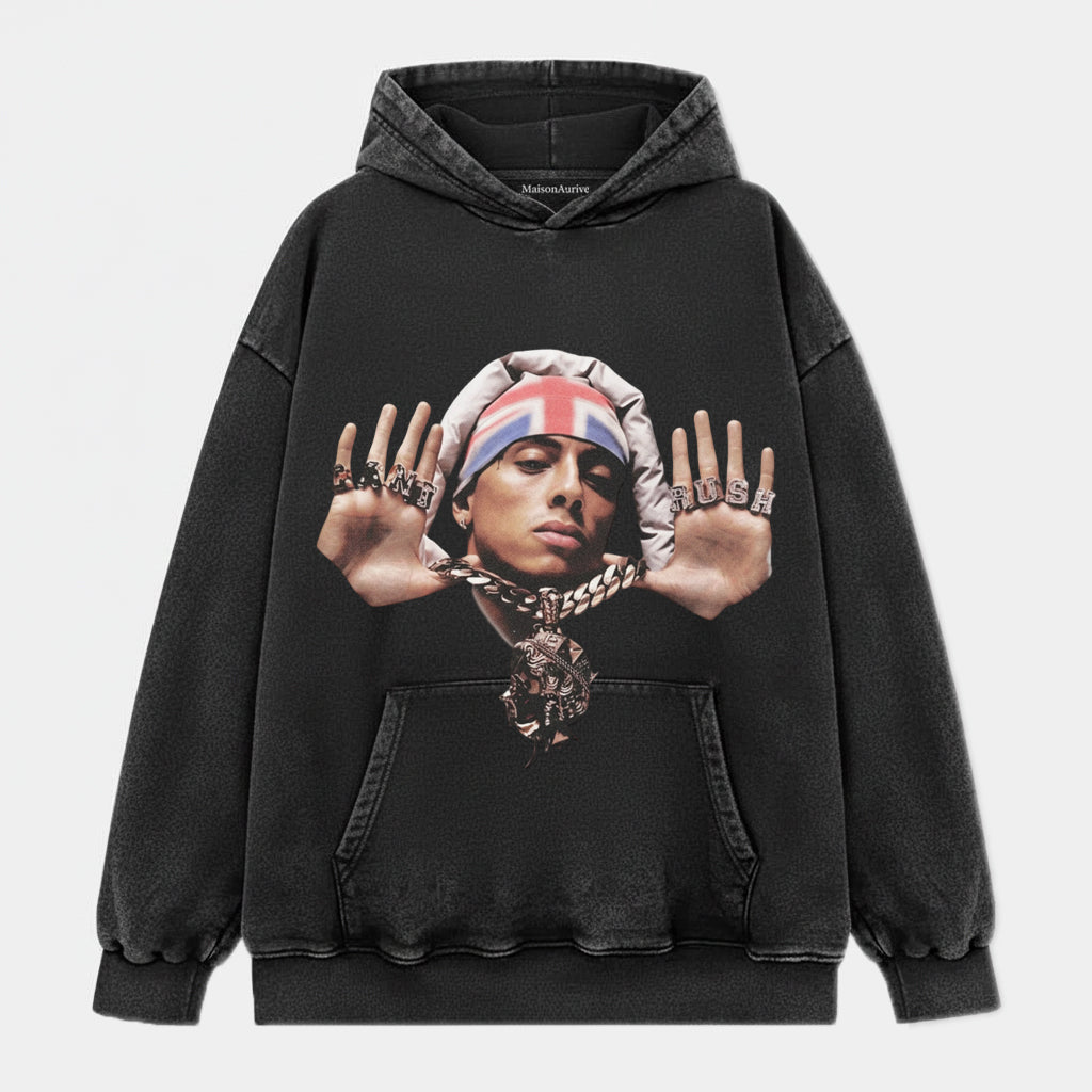 MaisonAurive ウォッシュド ヒップホップ T シャツ – 「PUSH」ポートレート ウォーターウォッシュド グレー