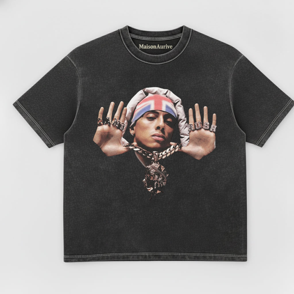 MaisonAurive ウォッシュド ヒップホップ T シャツ – 「PUSH」ポートレート ウォーターウォッシュド グレー