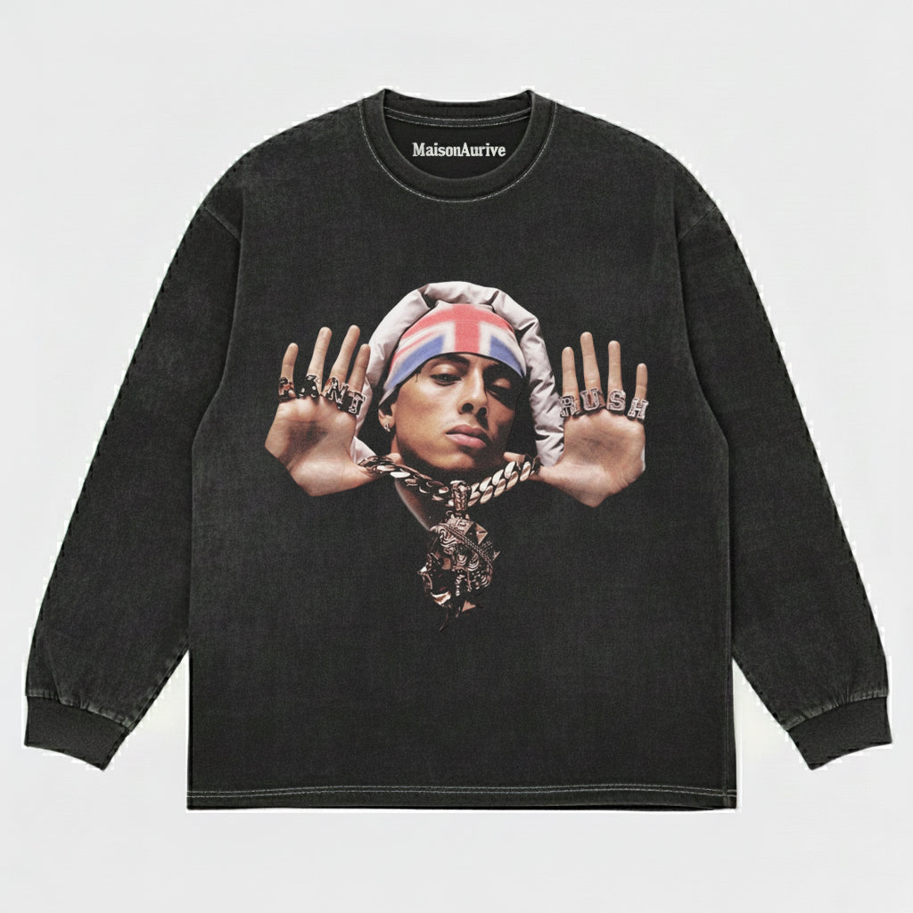 MaisonAurive ウォッシュド ヒップホップ T シャツ – 「PUSH」ポートレート ウォーターウォッシュド グレー