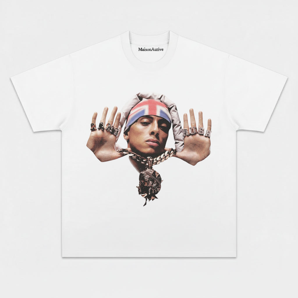 MaisonAurive ウォッシュド ヒップホップ T シャツ – 「PUSH」ポートレート ウォーターウォッシュド グレー