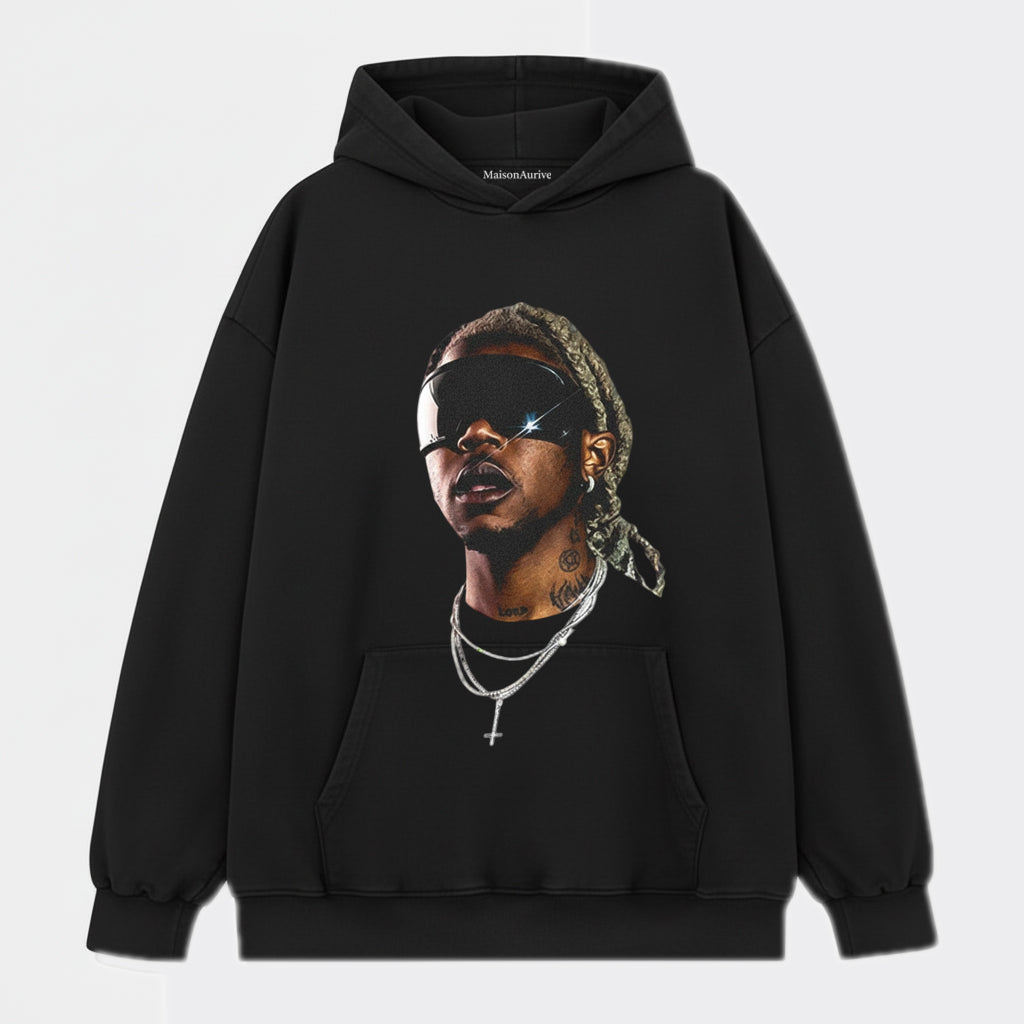 MaisonAurive ウォッシュド ヒップホップ T シャツ – 未来的な色合いのポートレート