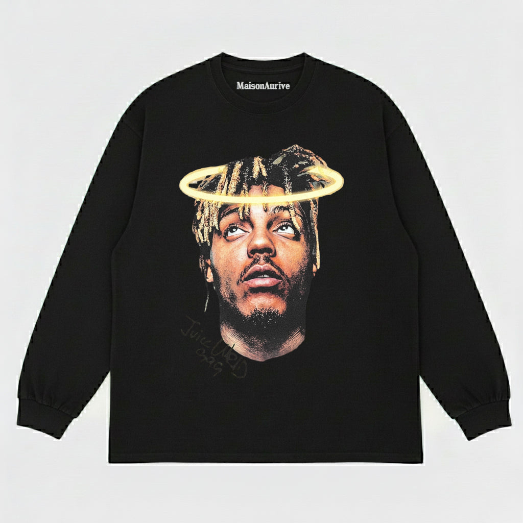 MaisonAurive ウォッシュド ヒップホップ T シャツ – Halo ポートレート ウォーターウォッシュド グレー