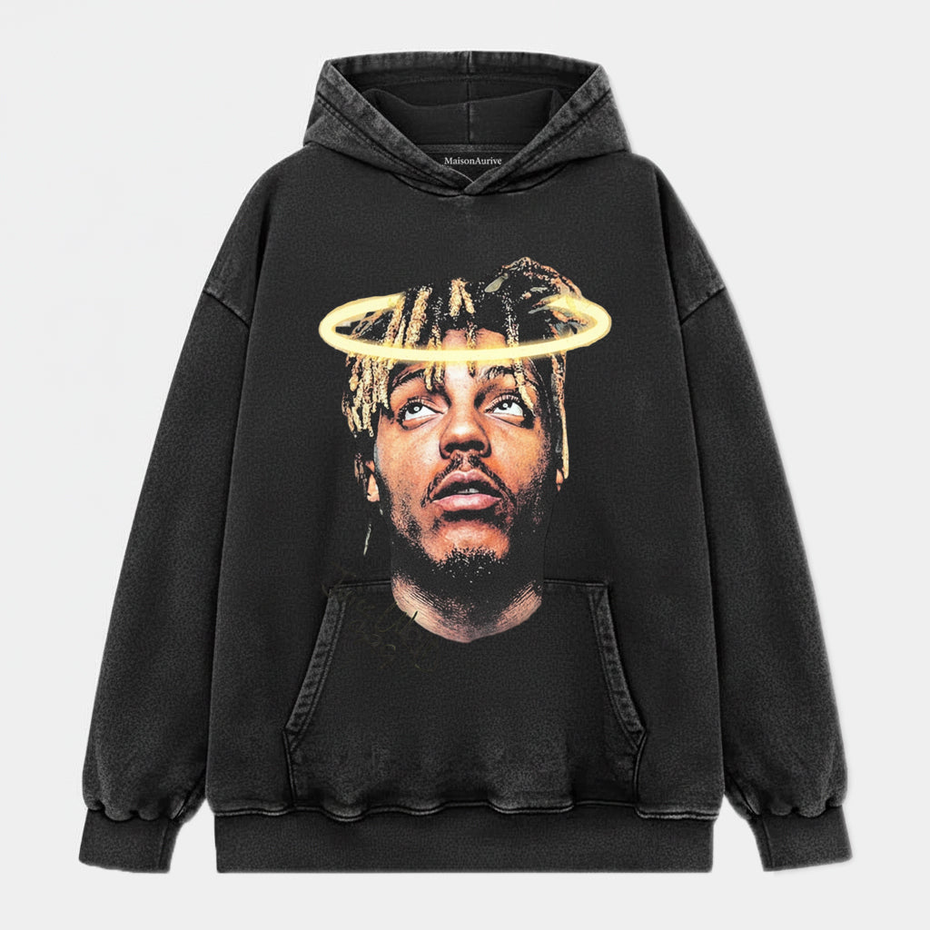 MaisonAurive ウォッシュド ヒップホップ T シャツ – Halo ポートレート ウォーターウォッシュド グレー