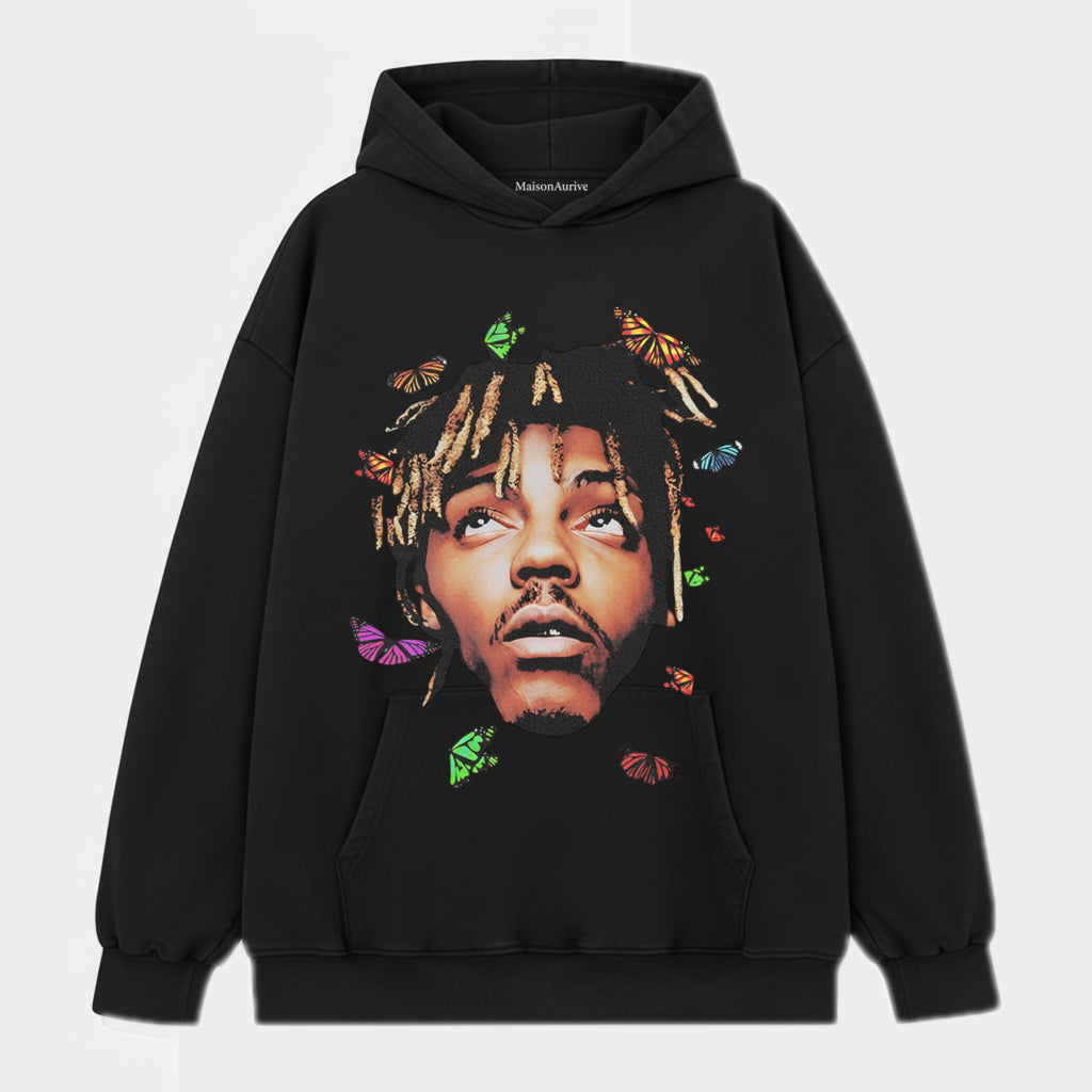 MaisonAurive ウォッシュド ヒップホップ T シャツ – バタフライ ポートレート ウォーターウォッシュド グレー