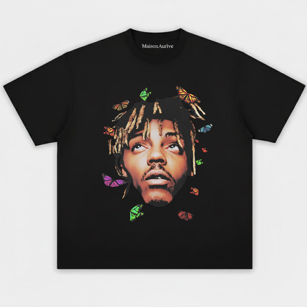 MaisonAurive ウォッシュド ヒップホップ T シャツ – バタフライ ポートレート ウォーターウォッシュド グレー