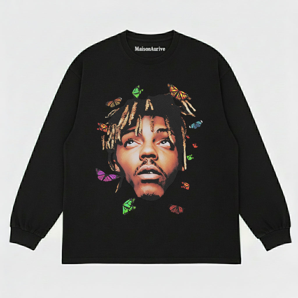 MaisonAurive ウォッシュド ヒップホップ T シャツ – バタフライ ポートレート ウォーターウォッシュド グレー