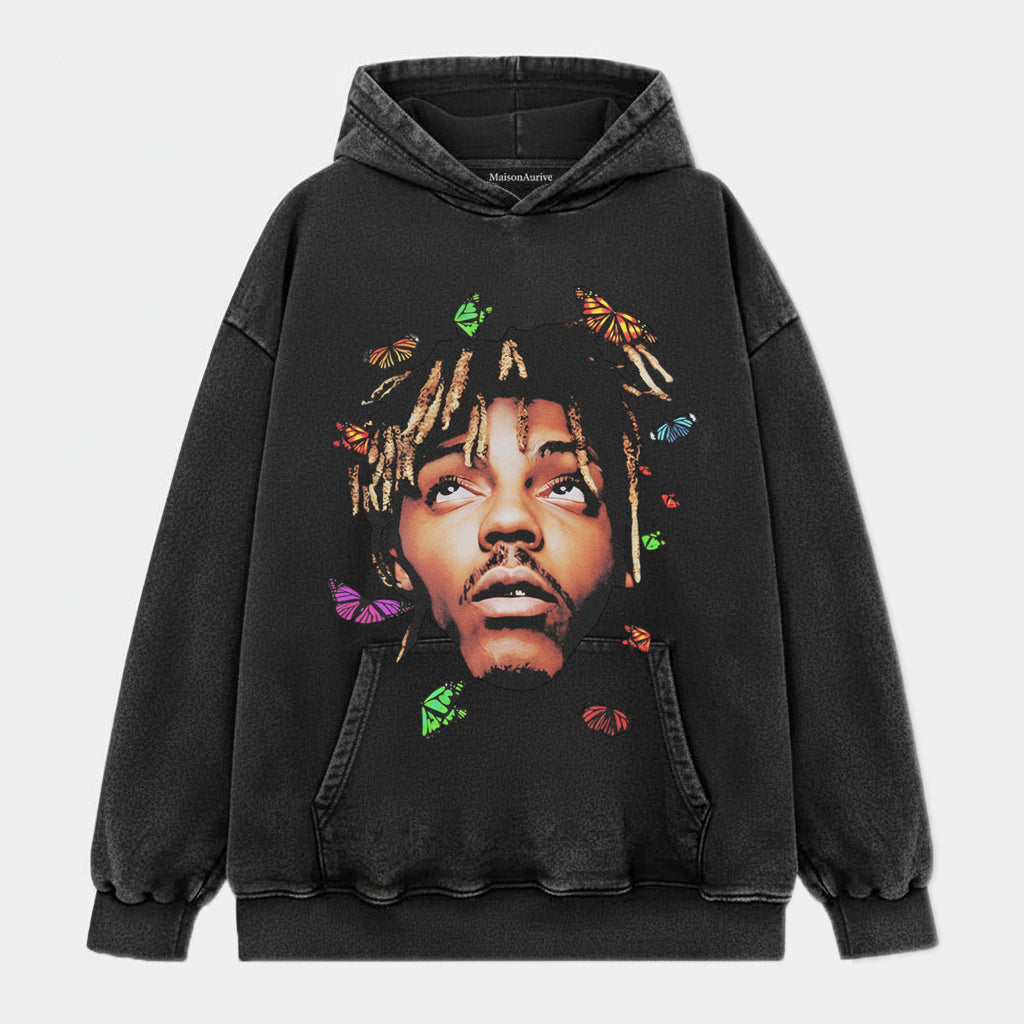 MaisonAurive ウォッシュド ヒップホップ T シャツ – バタフライ ポートレート ウォーターウォッシュド グレー