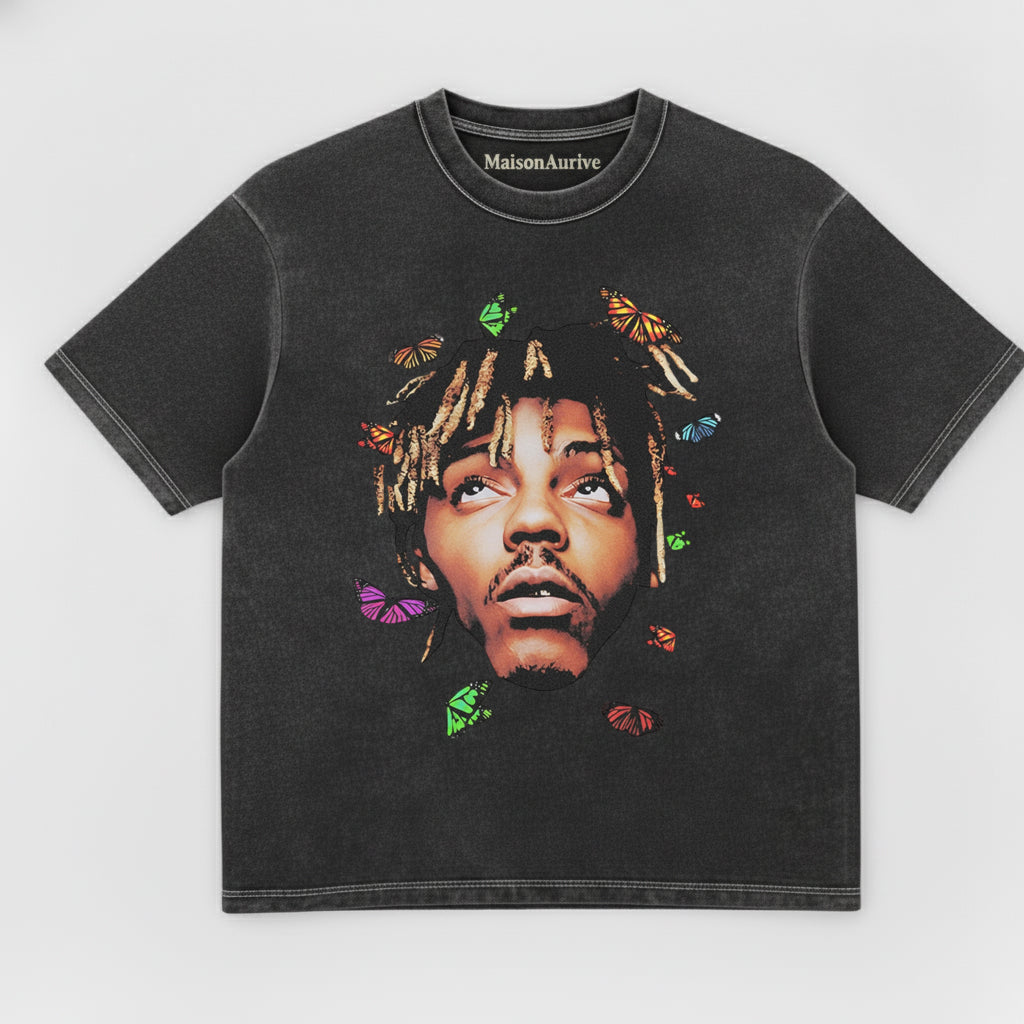 MaisonAurive ウォッシュド ヒップホップ T シャツ – バタフライ ポートレート ウォーターウォッシュド グレー
