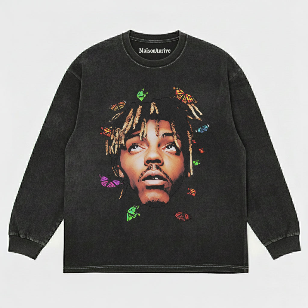 MaisonAurive ウォッシュド ヒップホップ T シャツ – バタフライ ポートレート ウォーターウォッシュド グレー
