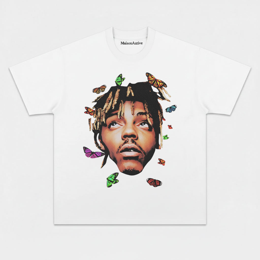 MaisonAurive ウォッシュド ヒップホップ T シャツ – バタフライ ポートレート ウォーターウォッシュド グレー