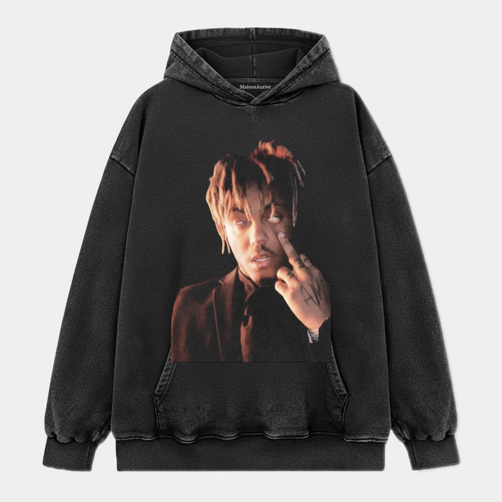 MaisonAurive ウォッシュド ヒップホップ T シャツ – ジェスチャー ポートレート ウォーターウォッシュド グレー