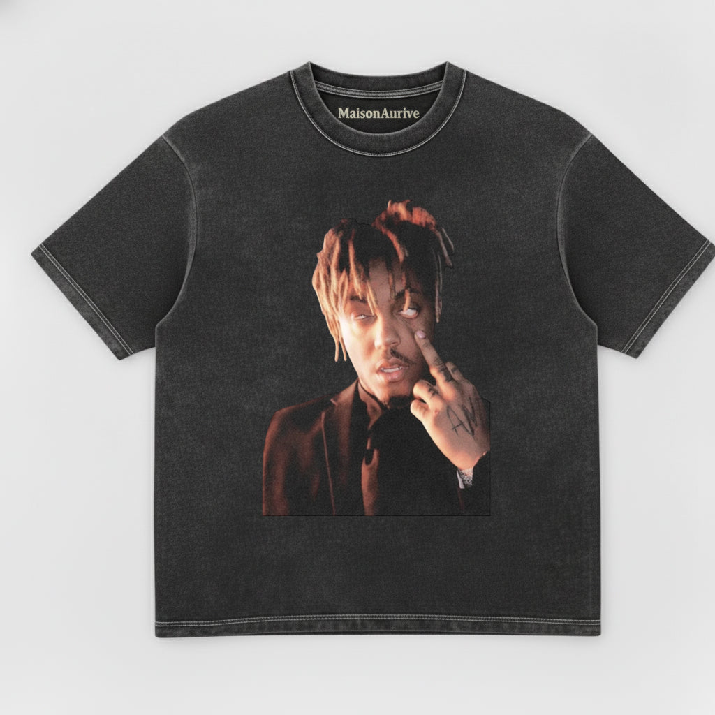 MaisonAurive ウォッシュド ヒップホップ T シャツ – ジェスチャー ポートレート ウォーターウォッシュド グレー