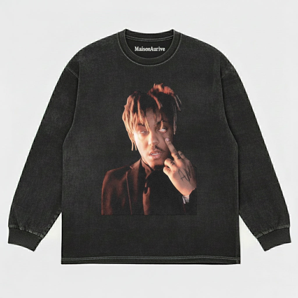 MaisonAurive ウォッシュド ヒップホップ T シャツ – ジェスチャー ポートレート ウォーターウォッシュド グレー