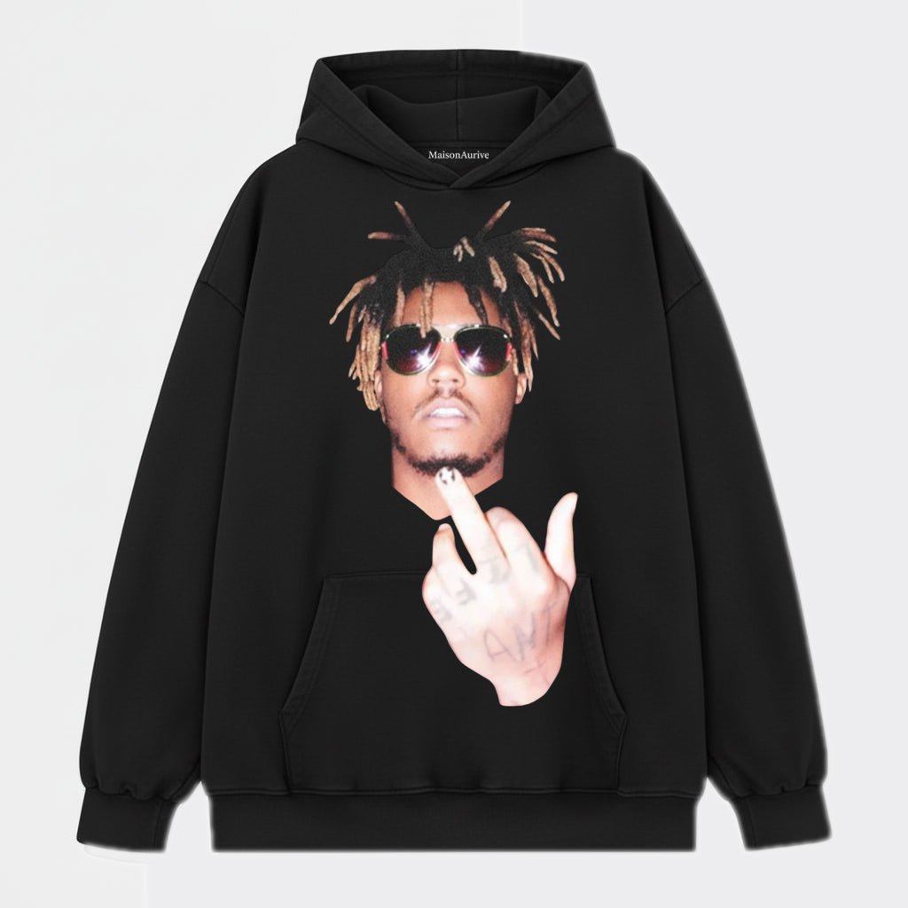 MaisonAurive ウォッシュドヒップホップTシャツ - サングラス & ジェスチャーポートレート ウォーターウォッシュグレー