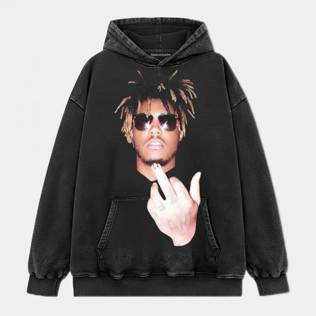 MaisonAurive ウォッシュドヒップホップTシャツ - サングラス & ジェスチャーポートレート ウォーターウォッシュグレー