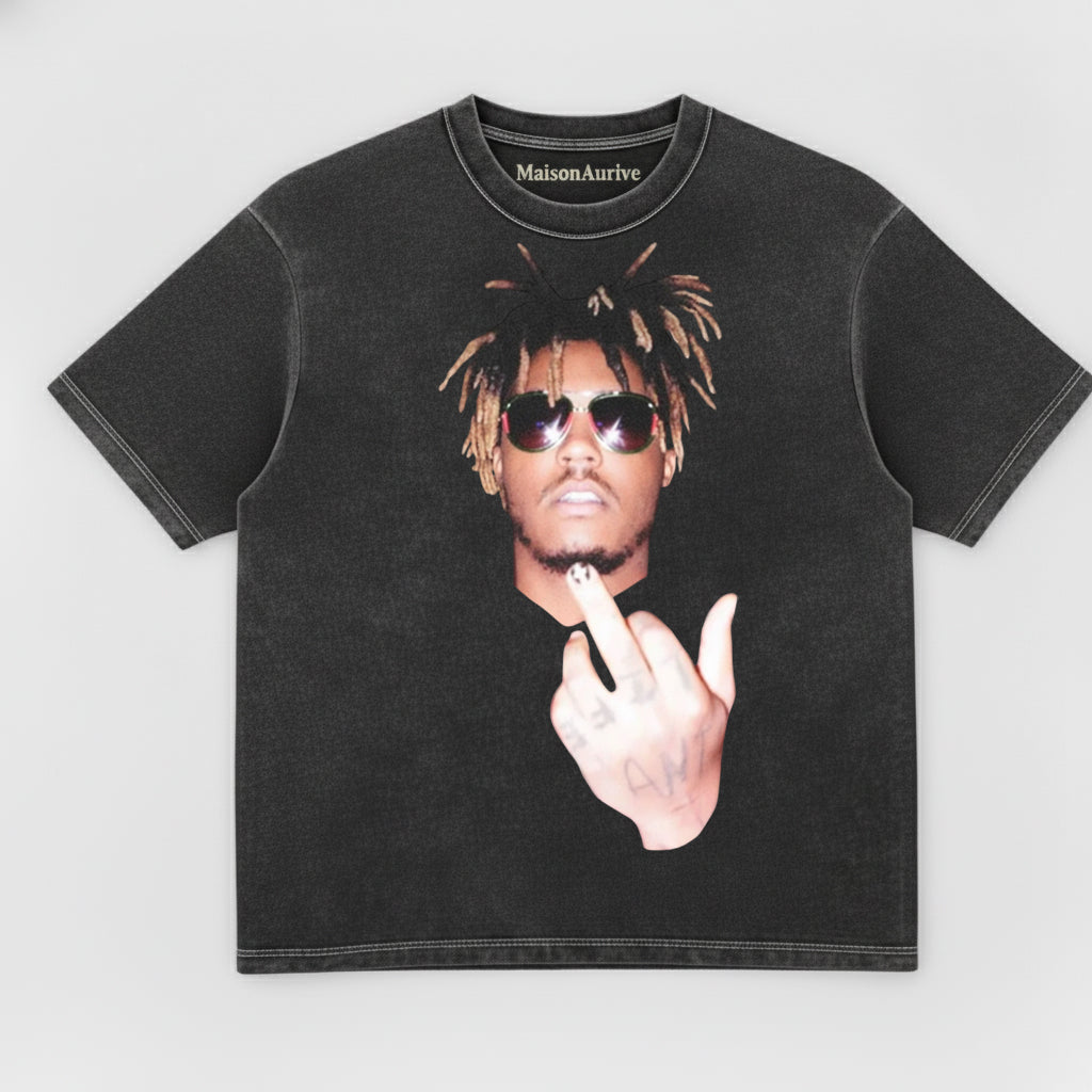 MaisonAurive ウォッシュドヒップホップTシャツ - サングラス & ジェスチャーポートレート ウォーターウォッシュグレー