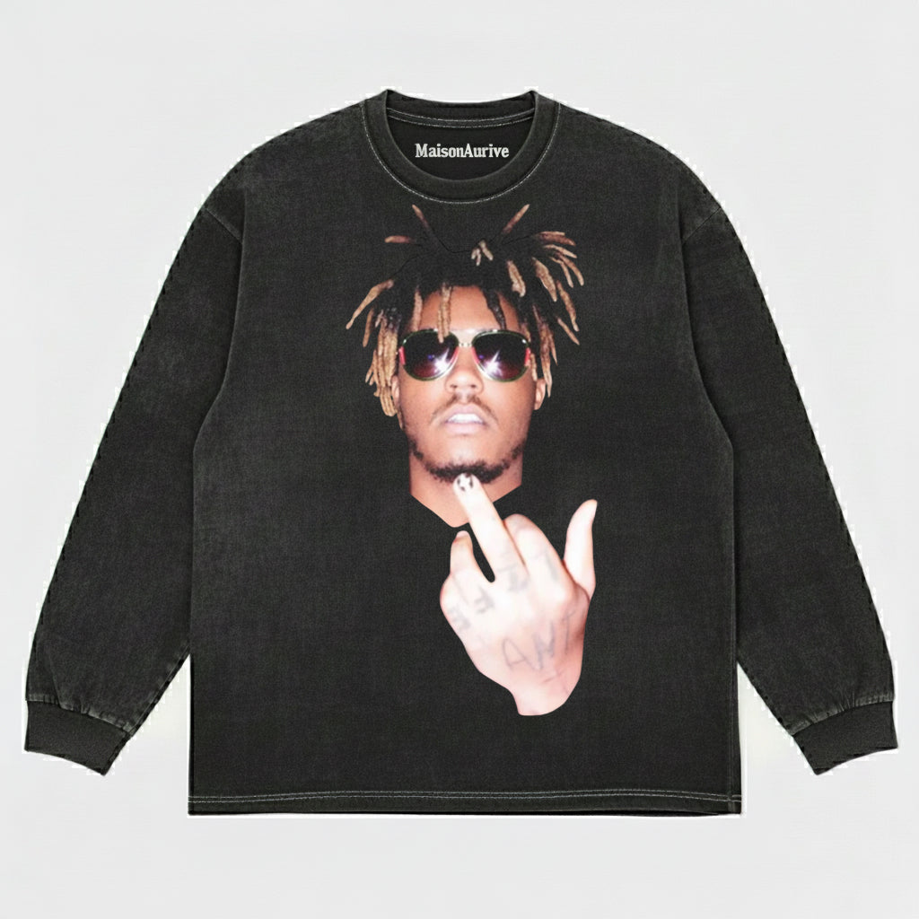 MaisonAurive ウォッシュドヒップホップTシャツ - サングラス & ジェスチャーポートレート ウォーターウォッシュグレー