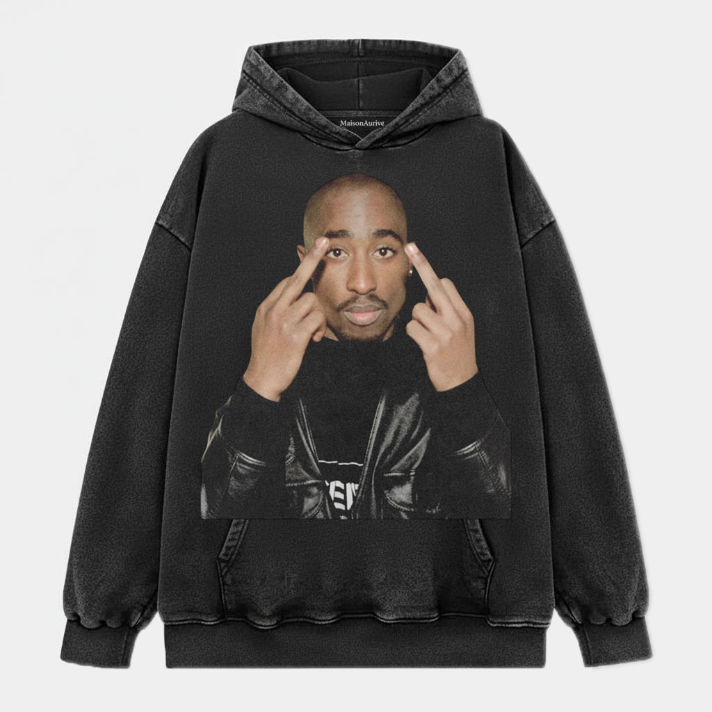 MaisonAurive ヴィンテージ ウォッシュド ヒップホップ T シャツ: Halo ポートレート プリント チャコール グレー