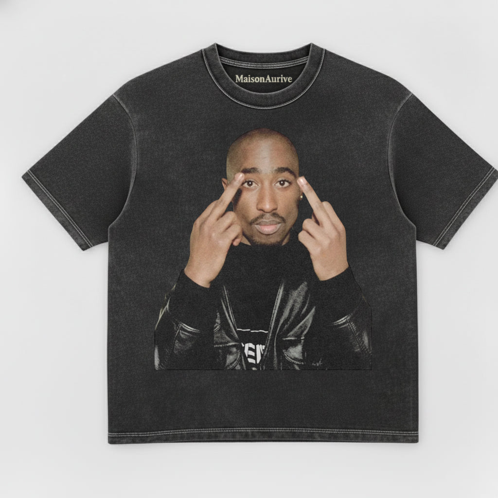 MaisonAurive ヴィンテージ ウォッシュド ヒップホップ T シャツ: Halo ポートレート プリント チャコール グレー