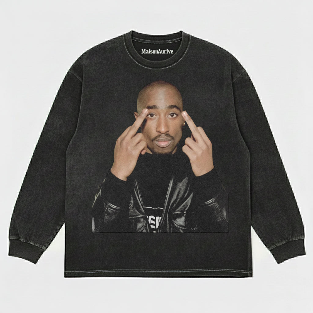 MaisonAurive ヴィンテージ ウォッシュド ヒップホップ T シャツ: Halo ポートレート プリント チャコール グレー