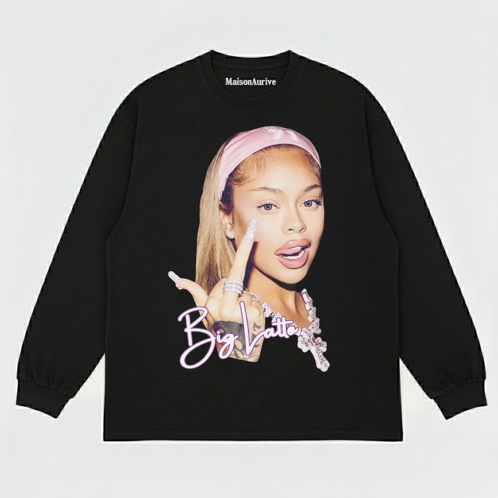 मैसनऑरिव विंटेज वॉश्ड टी: स्वीट-हिपहॉप "बिग लट्टे" प्रिंट चारकोल