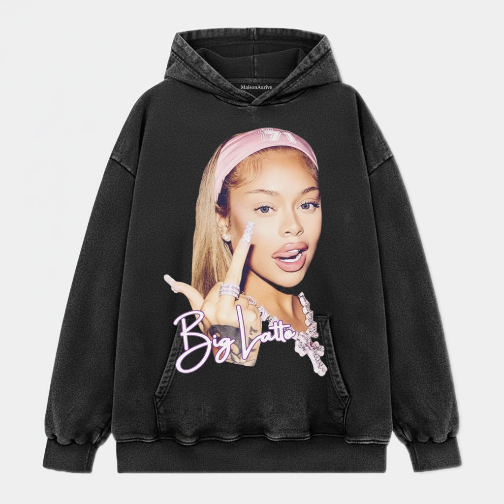 मैसनऑरिव विंटेज वॉश्ड टी: स्वीट-हिपहॉप "बिग लट्टे" प्रिंट चारकोल