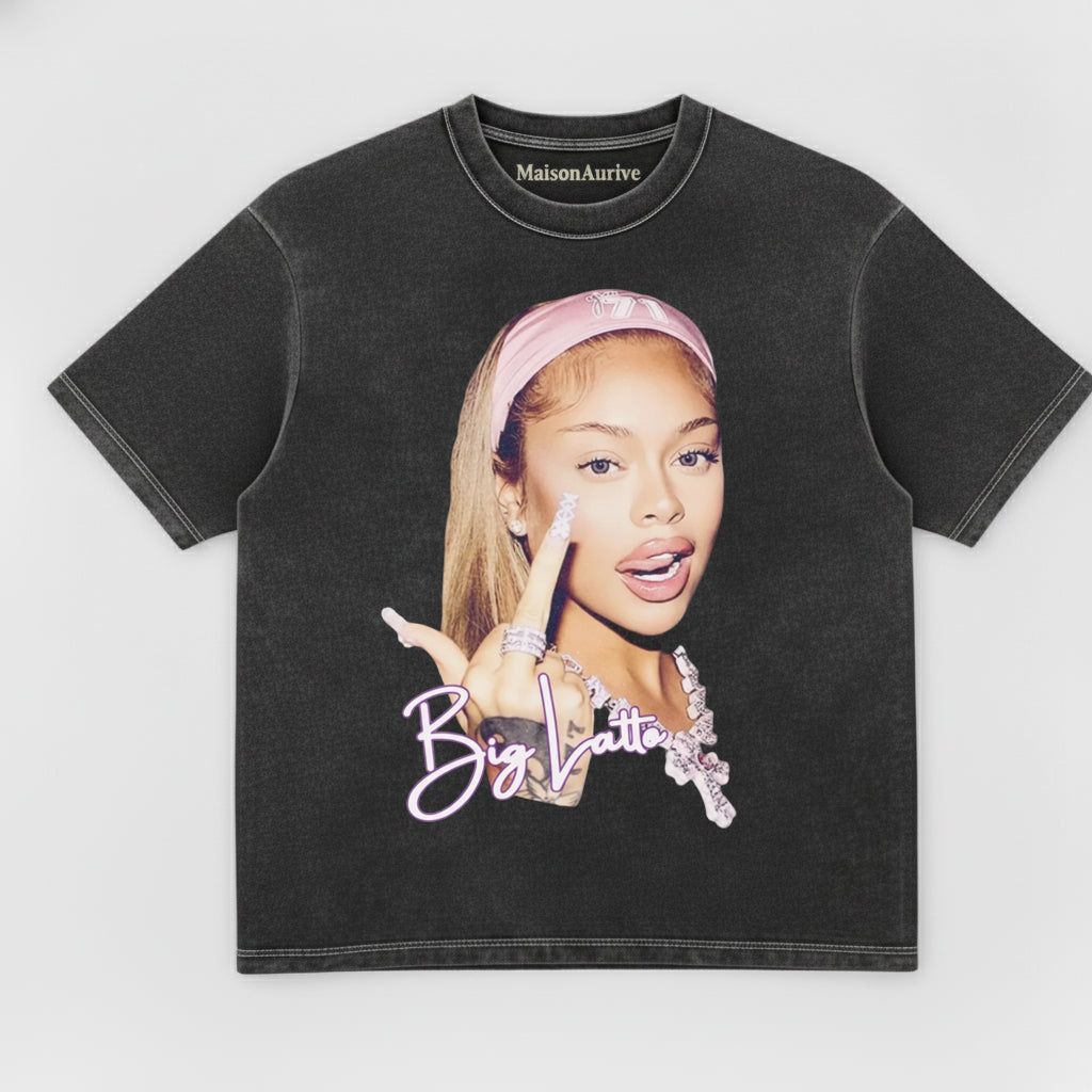 मैसनऑरिव विंटेज वॉश्ड टी: स्वीट-हिपहॉप "बिग लट्टे" प्रिंट चारकोल