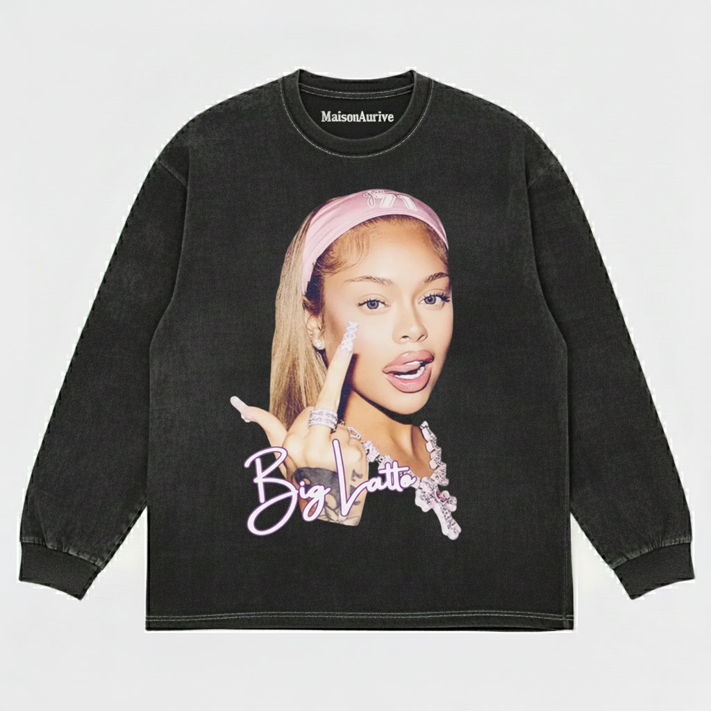 मैसनऑरिव विंटेज वॉश्ड टी: स्वीट-हिपहॉप "बिग लट्टे" प्रिंट चारकोल