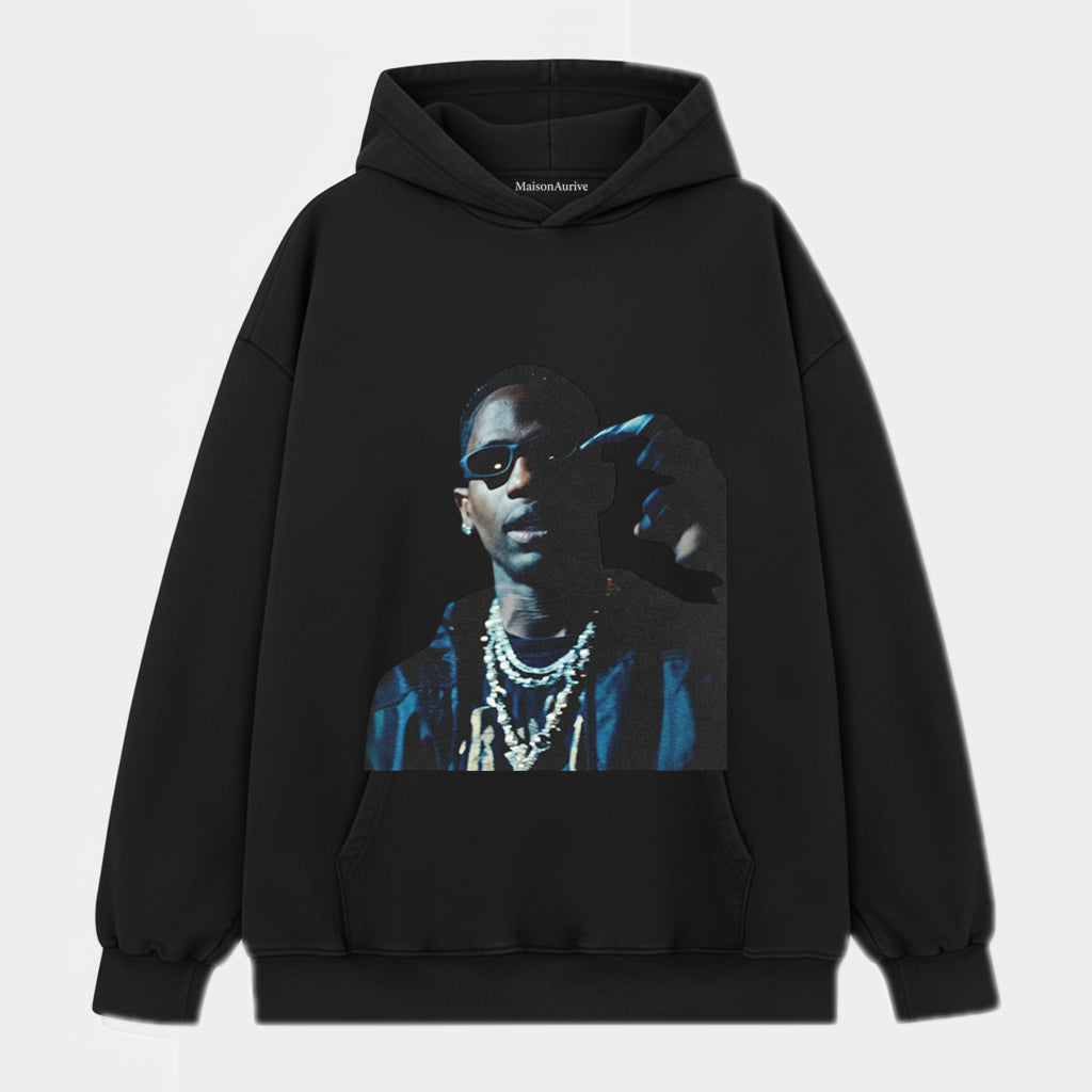 MaisonAurive ウォッシュドヒップホップTシャツ – チェーン & サングラス ポートレート ウォーターウォッシュ チャコール