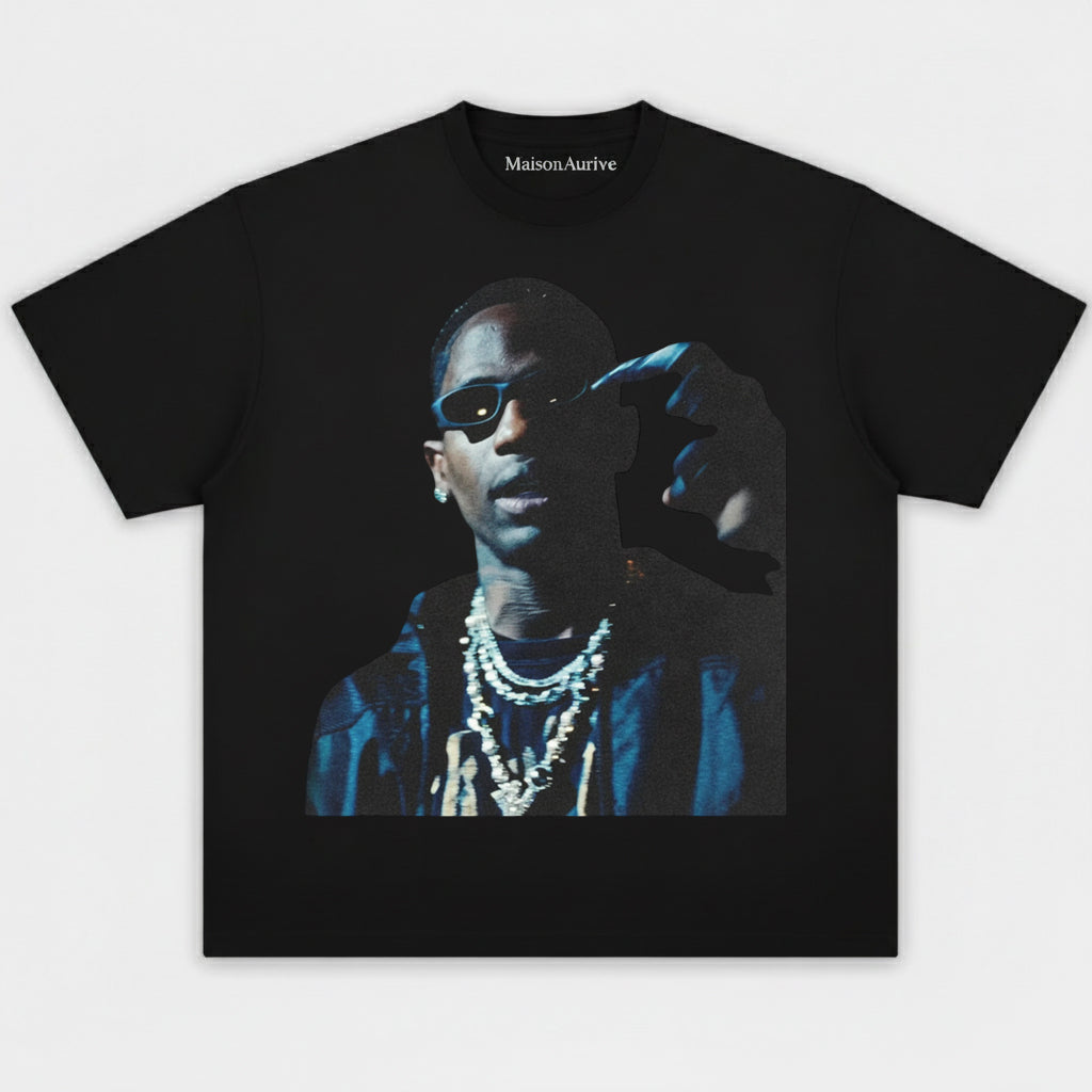 MaisonAurive ウォッシュドヒップホップTシャツ – チェーン & サングラス ポートレート ウォーターウォッシュ チャコール