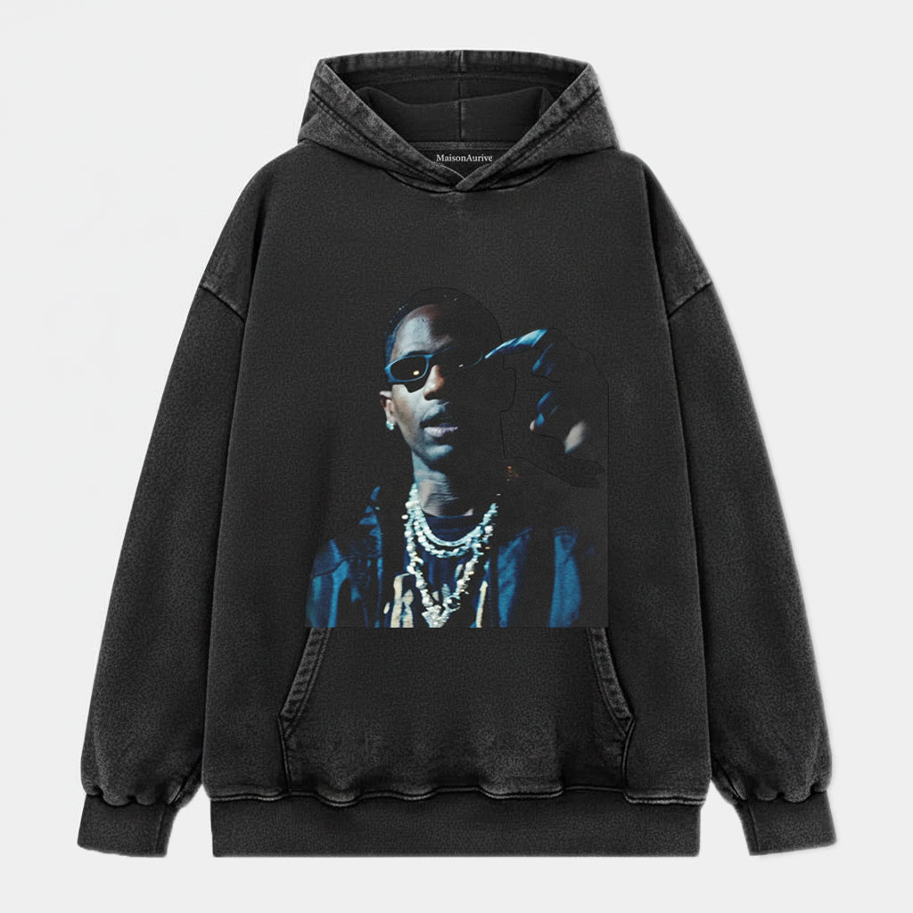 MaisonAurive ウォッシュドヒップホップTシャツ – チェーン & サングラス ポートレート ウォーターウォッシュ チャコール