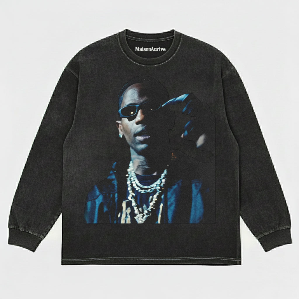 MaisonAurive ウォッシュドヒップホップTシャツ – チェーン & サングラス ポートレート ウォーターウォッシュ チャコール