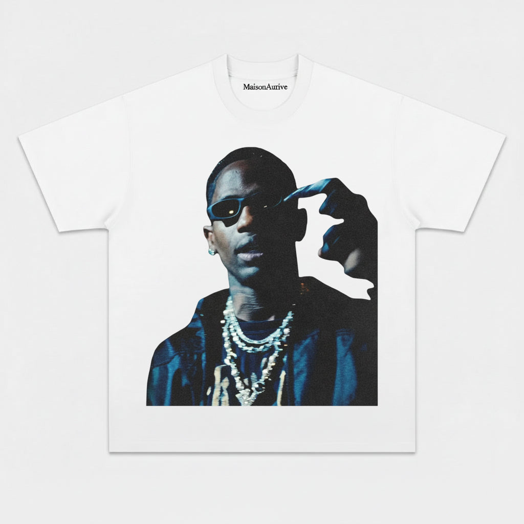 MaisonAurive ウォッシュドヒップホップTシャツ – チェーン & サングラス ポートレート ウォーターウォッシュ チャコール