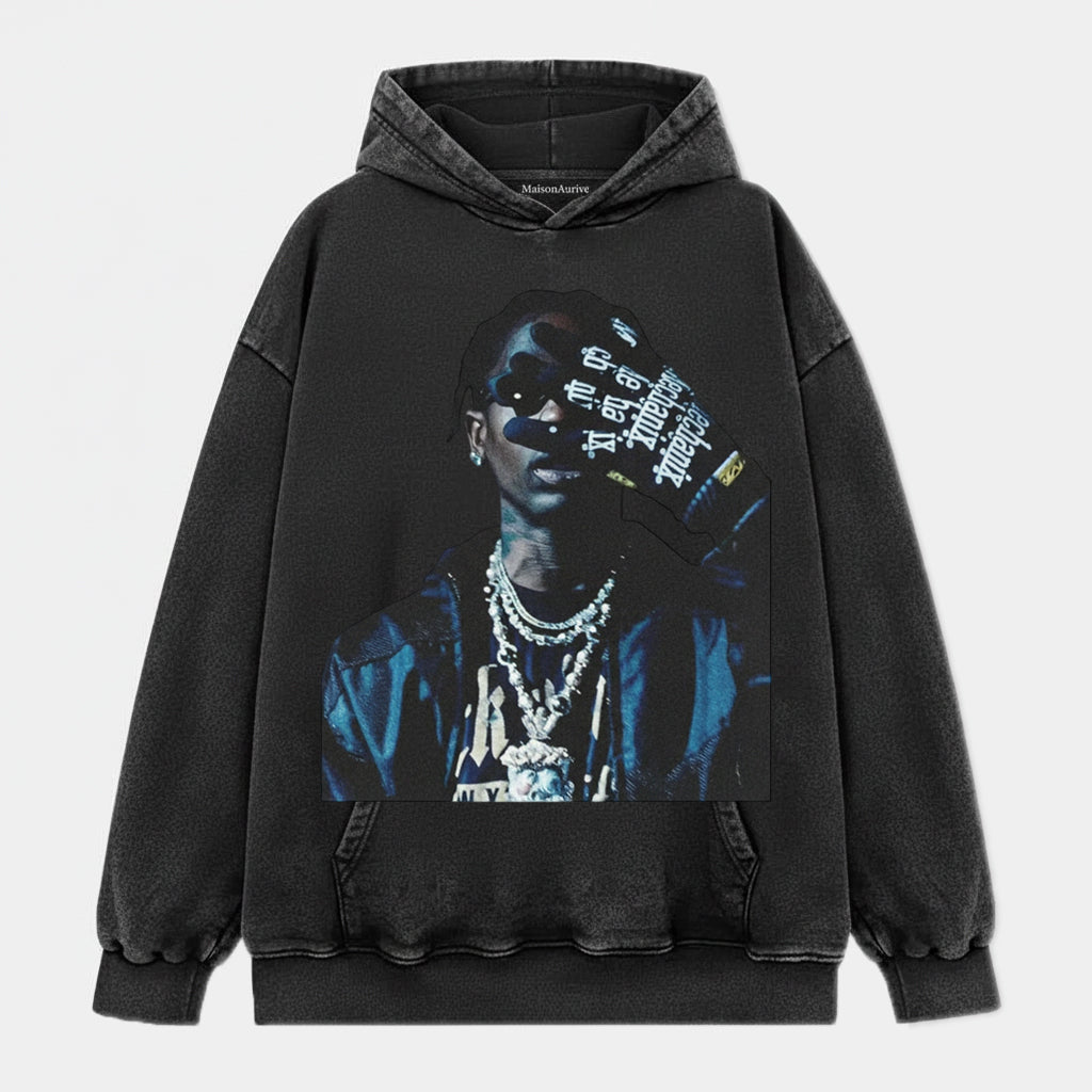 MaisonAurive Washed Hip-Hop Tee – Slogan Gesture & Chain Portrait Waterwashed Charcoal