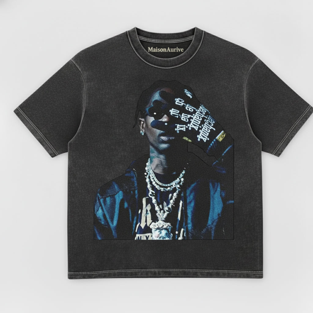 MaisonAurive Washed Hip-Hop Tee – Slogan Gesture & Chain Portrait Waterwashed Charcoal